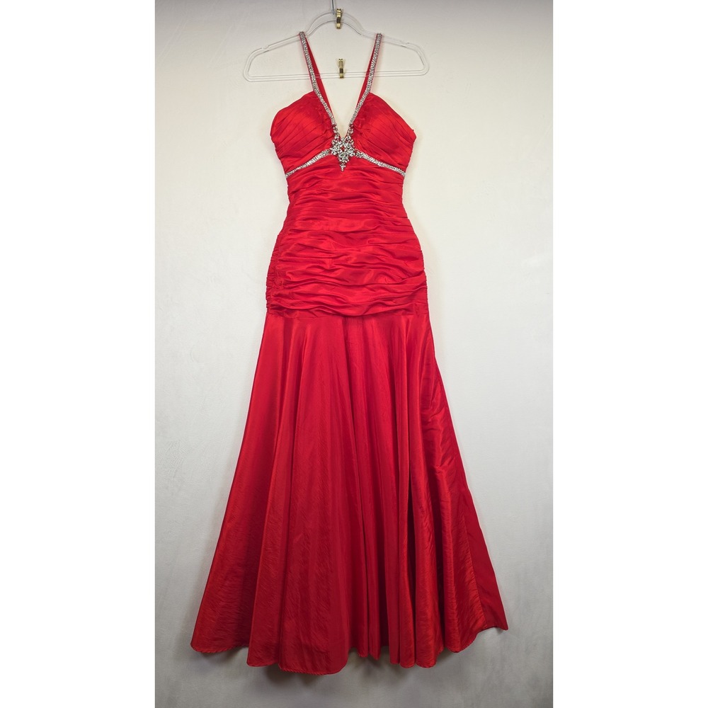 Mori Lee Prom Dress Womens 1/2 Red Formal Rhinestone Mermaid Maxi Glam Hollywood - Picture 2 of 16